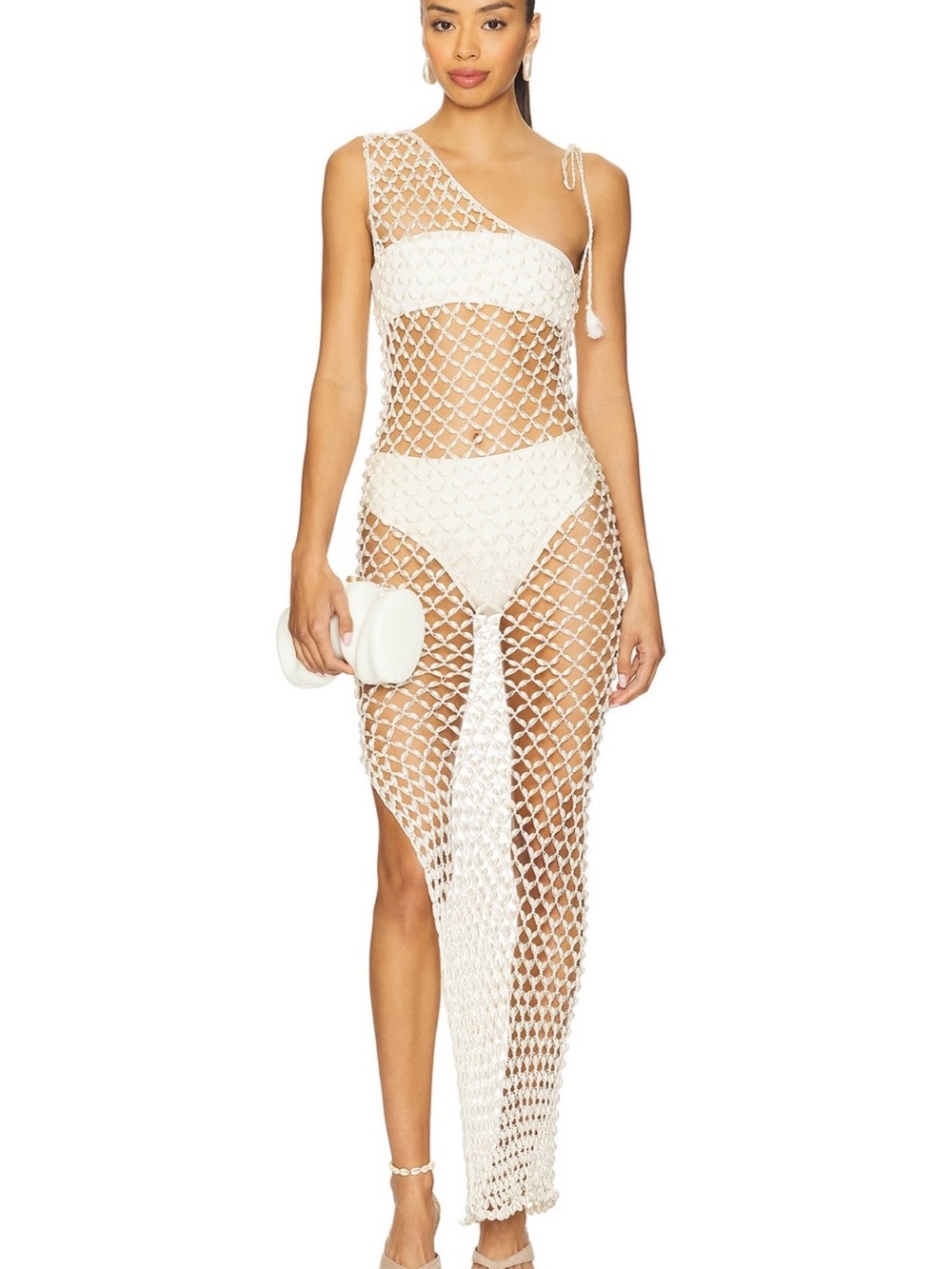 Serene Hand Crochet Pearl Beaded One Shoulder Maxi
Dress in Ivory